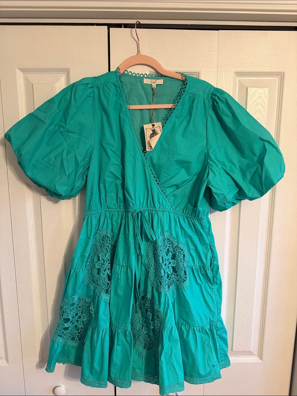 easel Teal Puff Sleeve Midi Dress with Lace Insets
